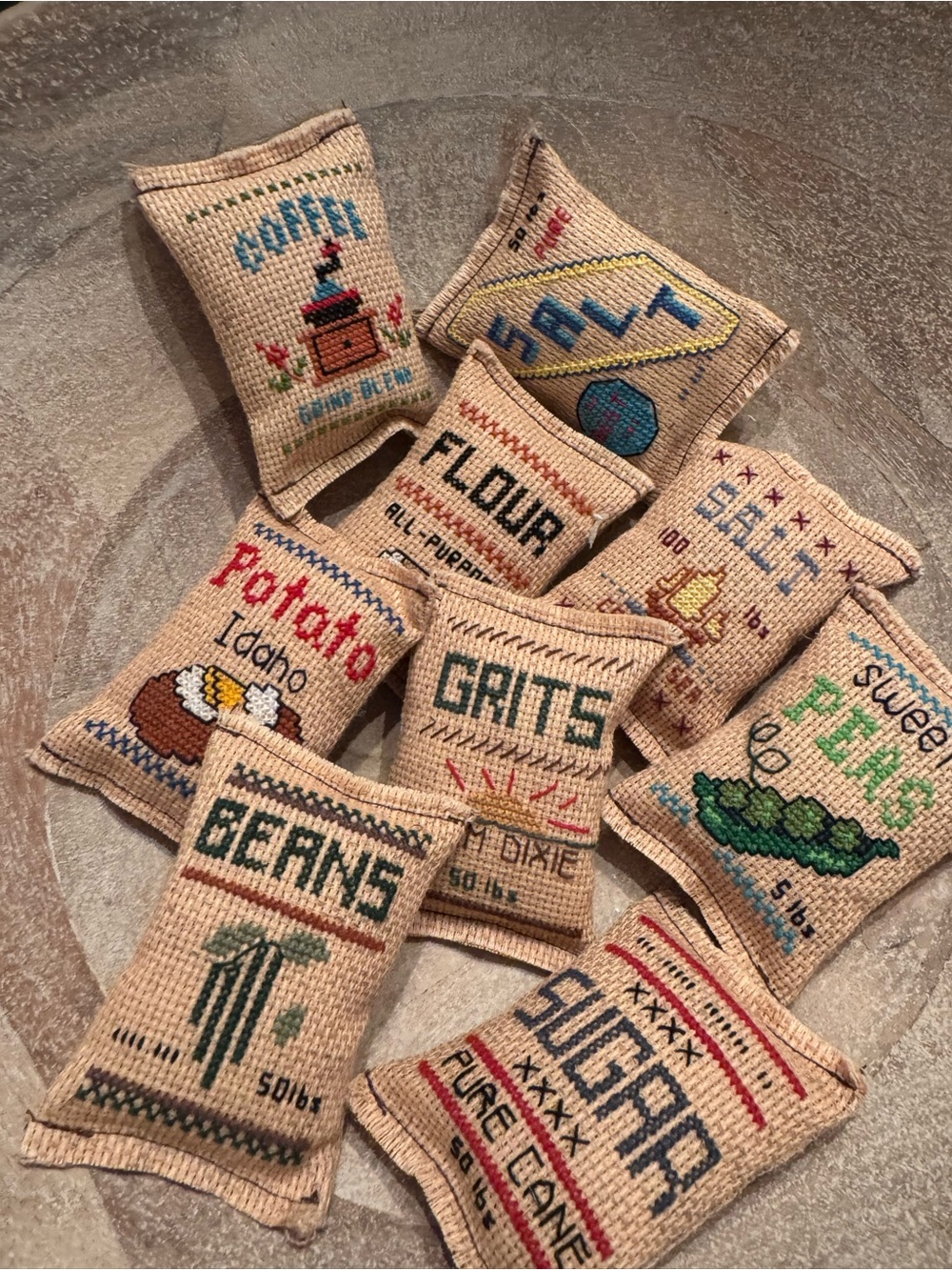 Cross-Stitch Mini Sack Set - Neutral Beige Kitchen Décor